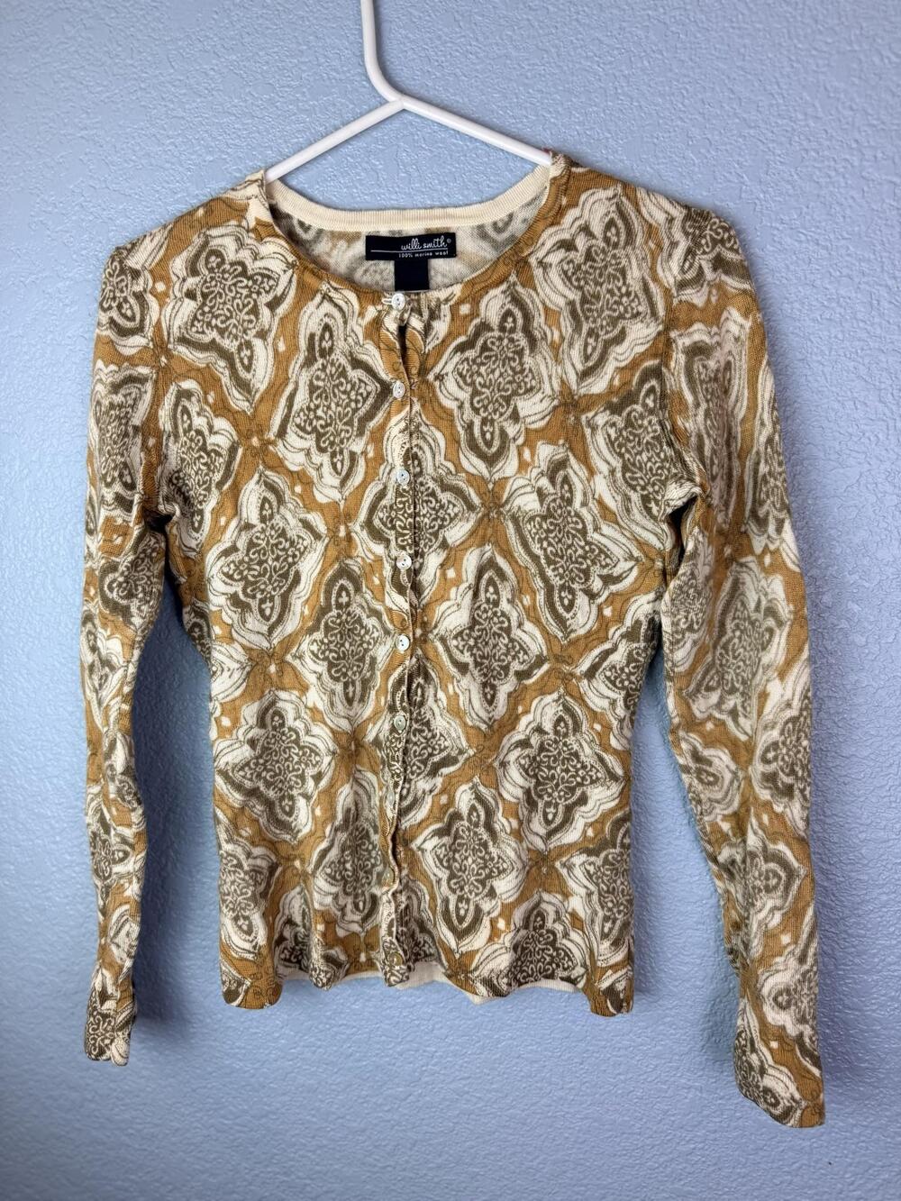 Willi Smith Cardigan Sweater Womens Small Brown 100% Merino Wool Geometric Knit